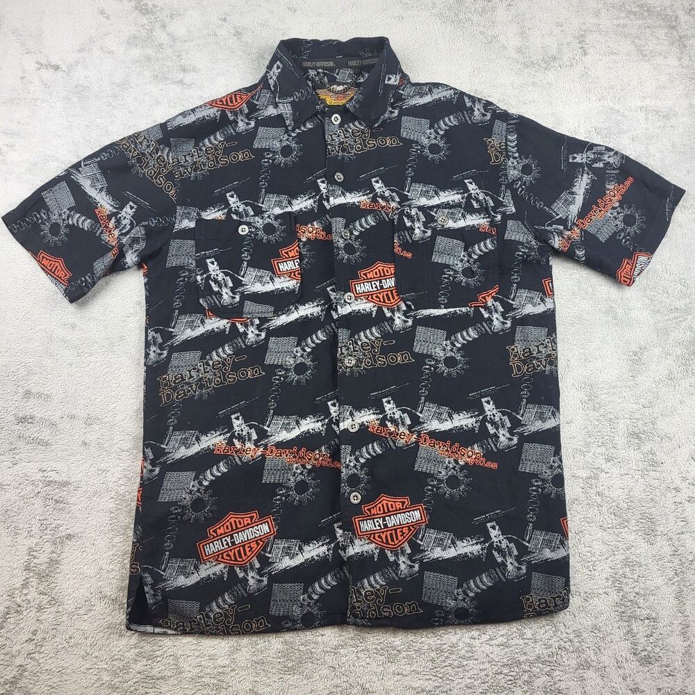 Vintage Harley Davidson Shirt Men S Black Garage All Over Print Rayon 90s Biker